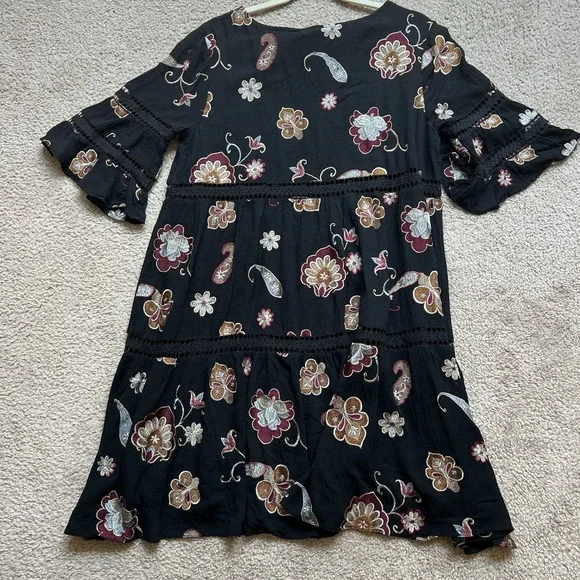 Anthropologie‎ Eri Ali Black Short Dress Embroidered Flowers Ruffled Sleeves M - Picture 10 of 10